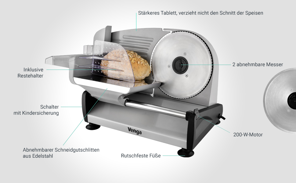 Венга Універсальний електричний харчовий слайсер, нержавіюча сталь, 2 змінні леза, контроль товщини різання до 15 мм, 200 Вт, срібло, VG AS 3005 200 Вт срібло