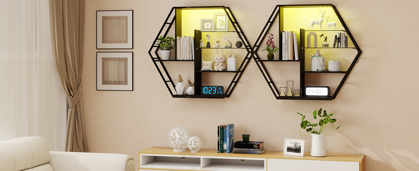 Підвісні полиці YU YUSING з RGB підсвічуванням 7 кольорів, геймерські полиці з 8 гачками, стелажі для демонстрації, настінні вітрини з 2 скляними полицями, підвісні шафи для спальні, кухні, бару, ігрової кімнати, декор, гексагон, карбонове покриття