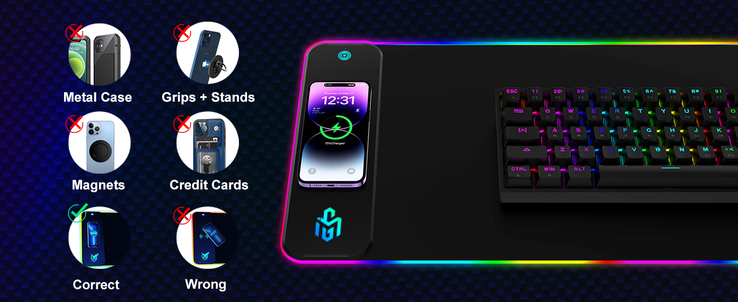 Ігрова мишка pad RGB з LED підсвічуванням та бездротовою зарядкою Qi 15W, чорний. Підходить для геймінгу, офісу та дому. Вологостійкий, з антиковзаючою поверхнею.