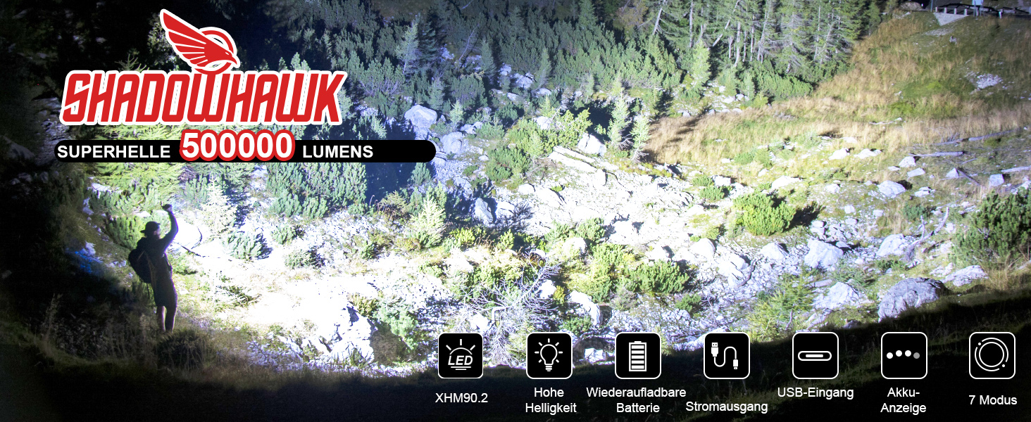 Потужний тактичний ліхтар Shadowhawk LED 500,000 Люмен, акумуляторний (USB), XHP70.2, водонепроникний IP67, 5 режимів світла з чохлом, чорний