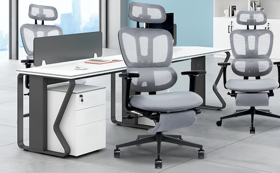 Ергономічне крісло для офісу з підніжкою, висока спинка, 2D-підголівник, відкидні підлокітники, сидіння з губки, сітчастий офісний крісло, крісло для керівника, комп'ютерне крісло для дорослих (сірий)