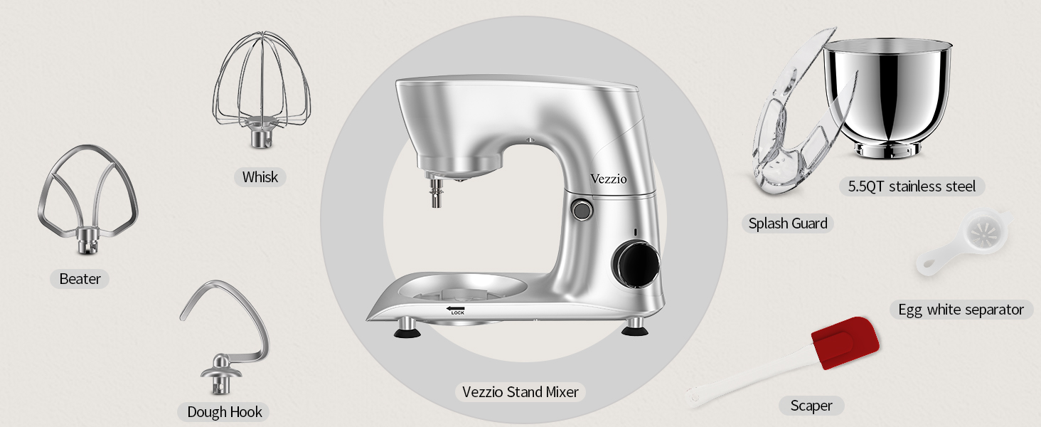 Кухонна машина Vezzio для випічки з планетарним міксером, 5.5л, 1500W, з набором насадок (крюк, вінчик, захист від бризок)