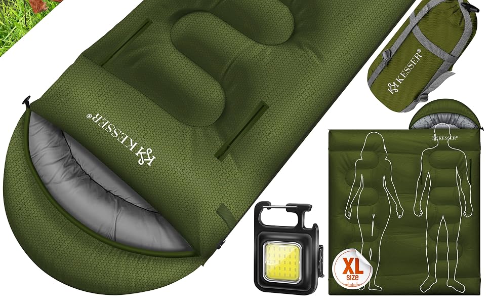Спальний мішок KESSER Outdoor для дорослих та дітей, всесезонний (3-4 сезони), водовідштовхуючий та теплий, Khaki, 220 x 83 см, з ліхтариком та бічною кишенею