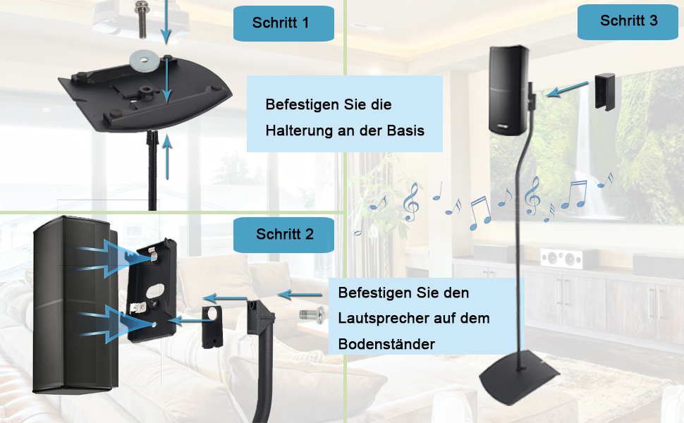 Підставка для колонок, регульована по висоті, для колонок до 73-140 см, 2 шт., для сателітів до 5 кг, інтегроване кабельне управління, універсальна (чорний)
