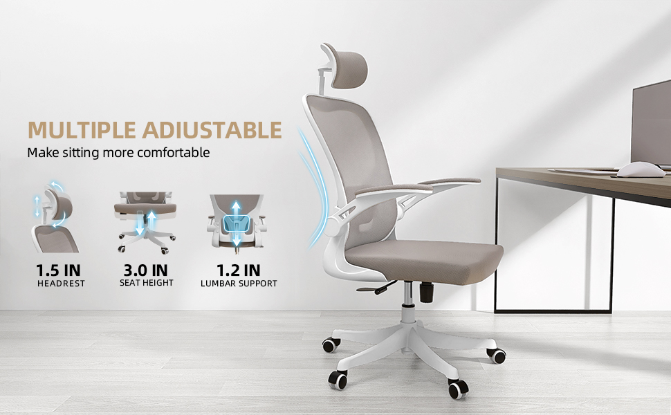Офісний стіл Monhey: ергономічний крісло з регулюванням висоти, поворотне, з відкидними підлокітниками, дихаюча сітка, регульована підголовник та інтелектуальна підтримка попереку – для дому та офісу (01beige)