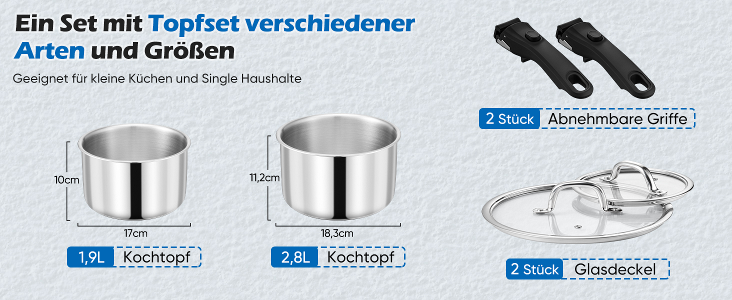 Набір каструль Joyfair, 9 предметів, з нержавіючої сталі, знімний ручка, для індукційних плит, сумісний з усіма типами плит, можна використовувати в духовці та мити в посудомийній машині