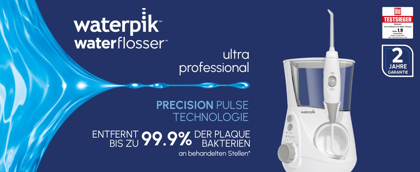 Waterpik Професійний іригатор, Тест-переможець 2025, Технологія Precision Pulse, Сертифікат TÜV, видалення нальоту до 99,9%, 6 насадок, 10 режимів, таймер, чорний