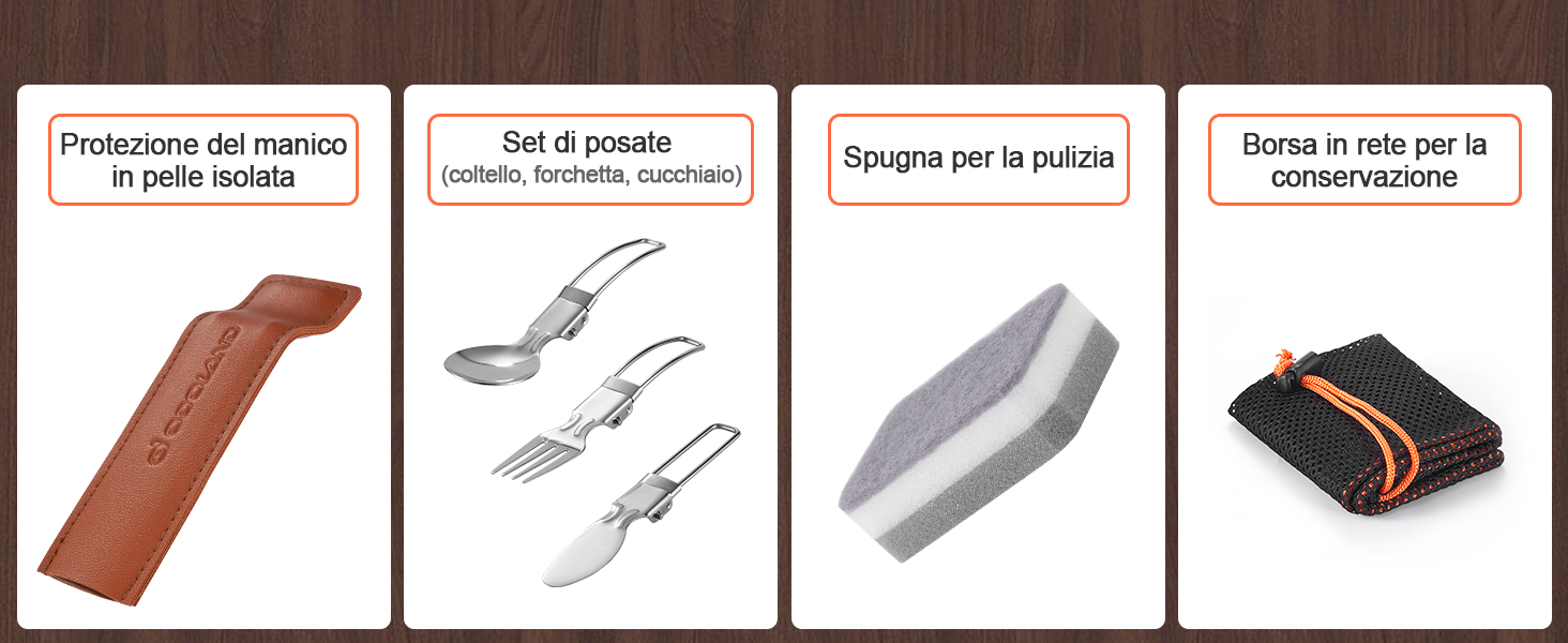 Набір посуду для кемпінгу Odoland: каструля, сковорода, тарілки, миски, столові прибори (10 шт.) з антипригарним покриттям та шкіряним чохлом