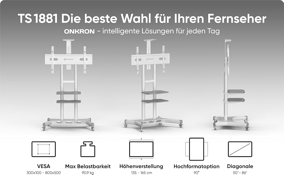 Мобільна тумба під телевізор ONKRON 50-86 дюймів, 105 кг, регульована по висоті, VESA max 800x500, біла TS1881-W