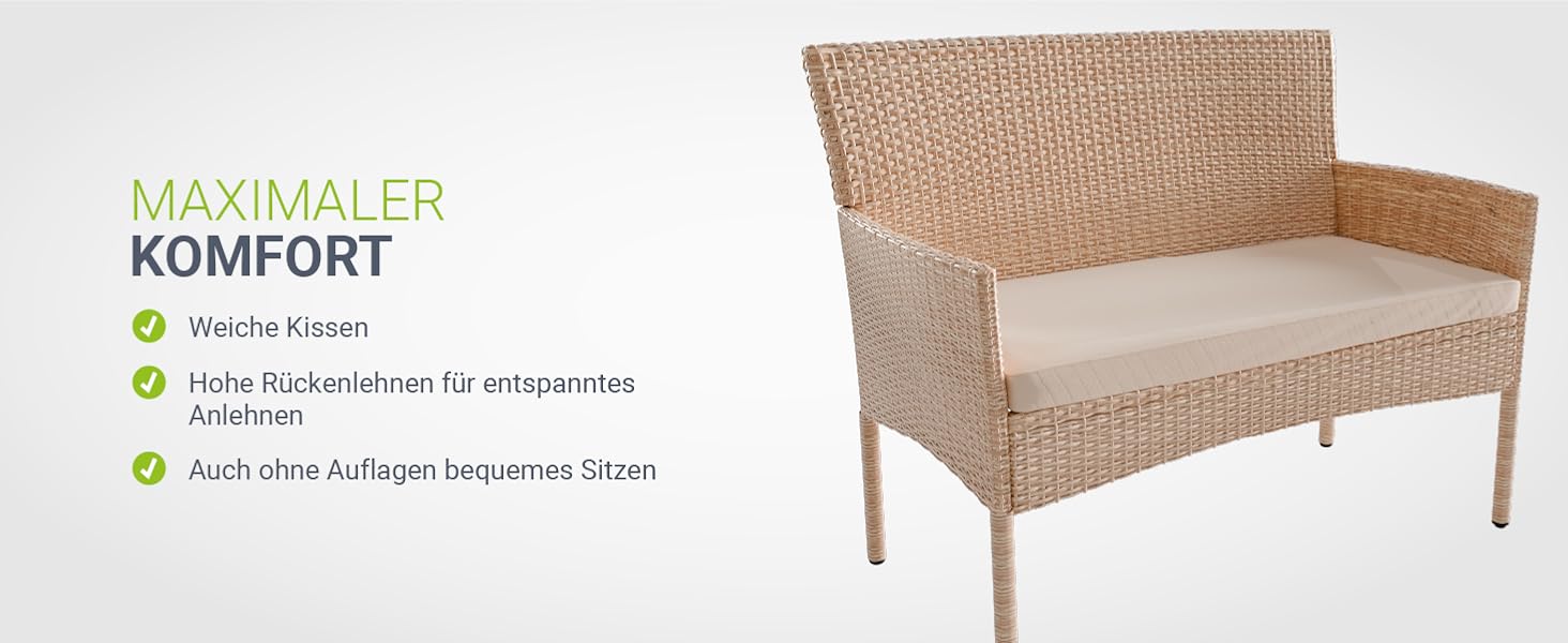 Садовий набір меблів Juskys Fort Myers з ротангу (кремовий) на 4 особи: диван, 2 крісла, стіл, подушки - вуличні меблі для балкона та саду