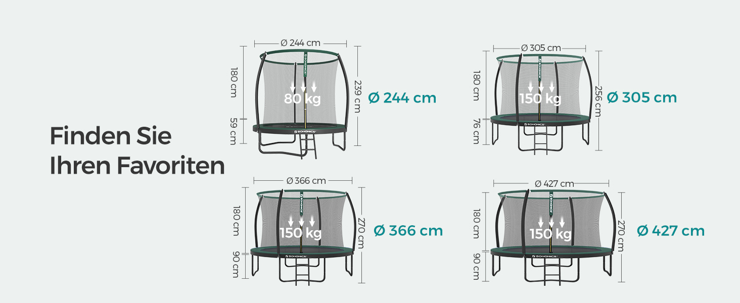 Батут SONGMICS садовий Ø366 см з захисною сіткою, драбиною та м'якими стійками, чорно-зелений