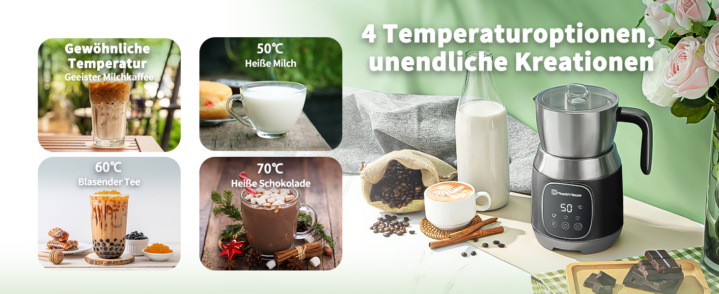 Електричний спінювач молока Maestri House 600 мл, 12-в-1, з регулюванням температури та функцією пам'яті, з нержавіючої сталі, чорний