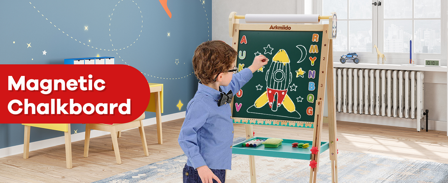 Дерев'яна іграшко-дошка Kinder Pinguin з рулоном паперу, двостороннє Whiteboard та дошка, стійка з аксесуарами для дітей та малюків