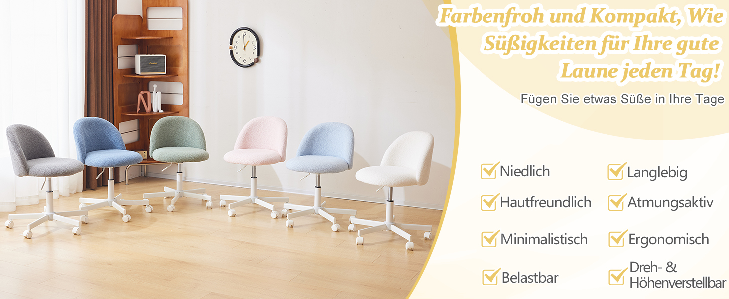 Офісне крісло Bonnlo з роликами, стілець для туалетного столика, регульований по висоті, для робочого кабінету, спальні, home office, з м'якої тканини Тедді, білий