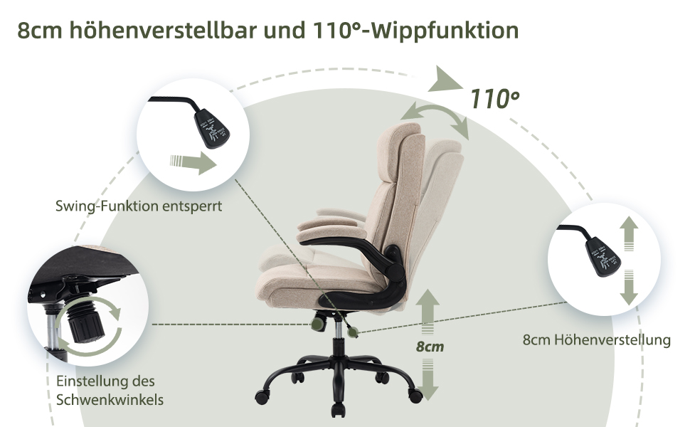 Офісний стілець CASTLOVE з ергономічною спинкою, регульовані підлокітники, висока спинка, регулювання висоти, функція гойдання (тканина бежевого кольору, до 150 кг)
