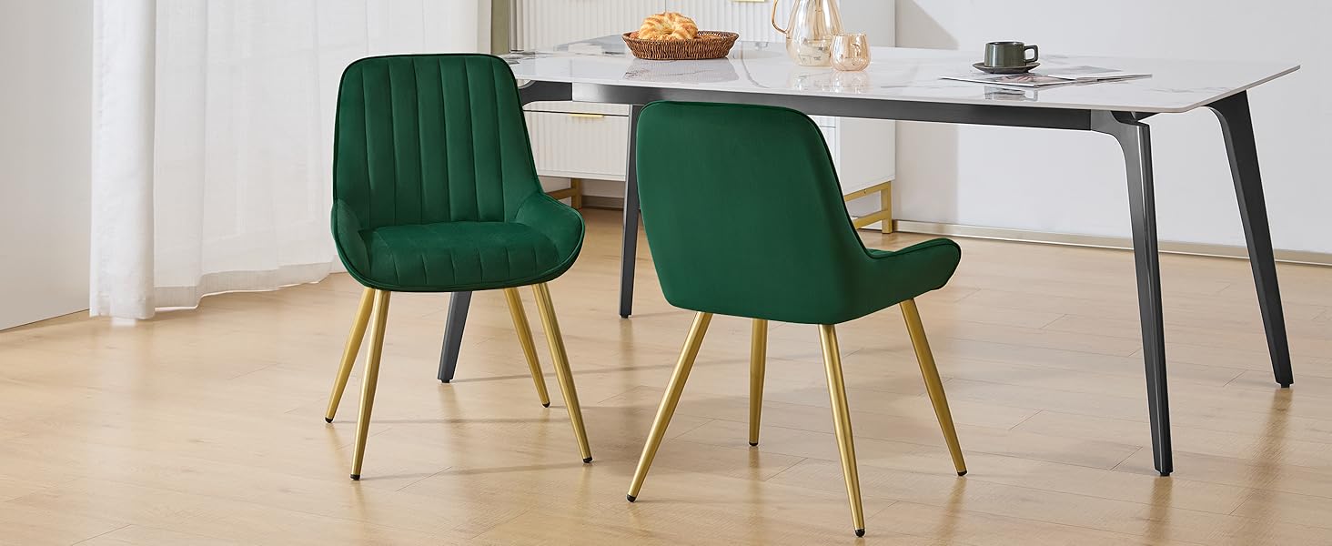 Набір з 2 стільців Lestarain для їдальні, вітальні, кухні. Ретро стільці з м'яким сидінням з оксамиту та металевими ніжками, до 150 кг, темно-зелений оксамит