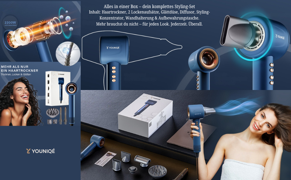 Мультифункціональний фен для волосся 5-в-1 з іонною технологією, набір насадок (локони, випрямлення, дифузор, концентратор), 1600W, LED-дисплей, 4 режими температури, магнітні насадки, Блакитний/Золотий