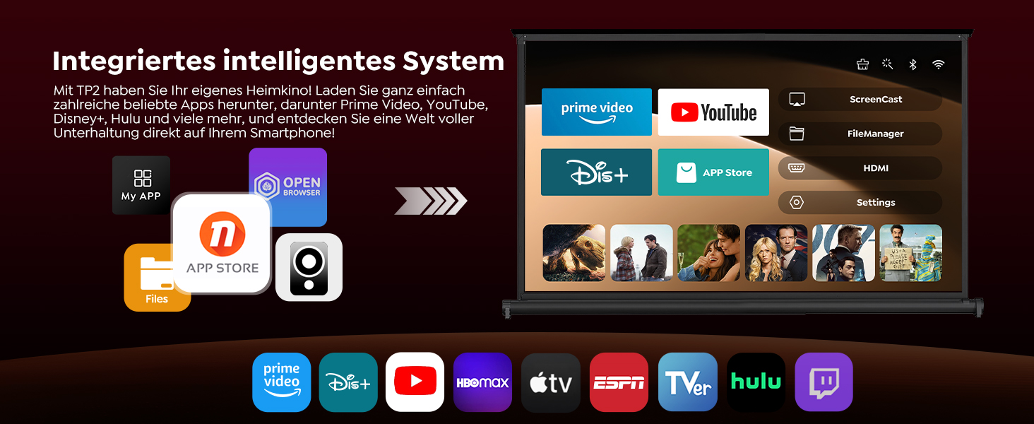 Портативний проєктор Mini Beamer 4K з підтримкою Android 13, WiFi 6, Bluetooth 5.4 та обертанням 270°. Підходить для домашнього кінотеатру, використання на вулиці та підключення до HDMI, Android, iOS, PC, USB. Автоматична корекція трапеції. Білий колір.
