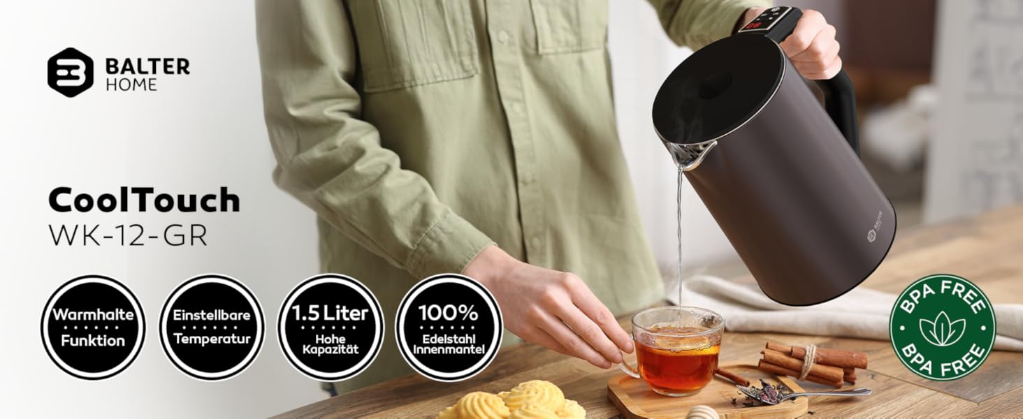 Електричний чайник BALTER з регулюванням температури, 1.5L, 2200W, білий (сірий), без BPA, подвійні стінки, бездротовий
