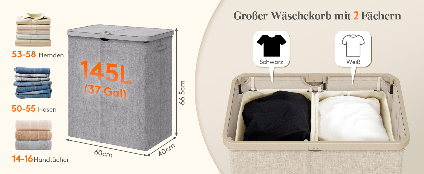 Кошик для білизни з кришкою Lifewit, великий, 145L, сірий, для спальні та ванної кімнати