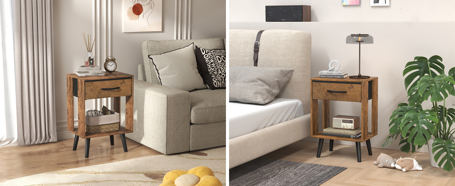 Набір з 2 приліжкових тумбочок, 40x30x60.3 см, з шухлядою, з дерева, для спальні/дитячої кімнати