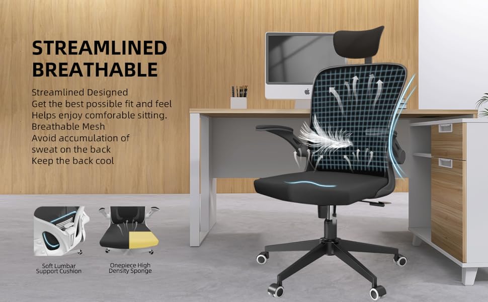 Офісний крісло Monhey з регулюванням висоти, поворотне, з відкидними підлокітниками, дихаюча сітка, регульована підголовник та інтелектуальна підтримка попереку – для дому та офісу (чорний)