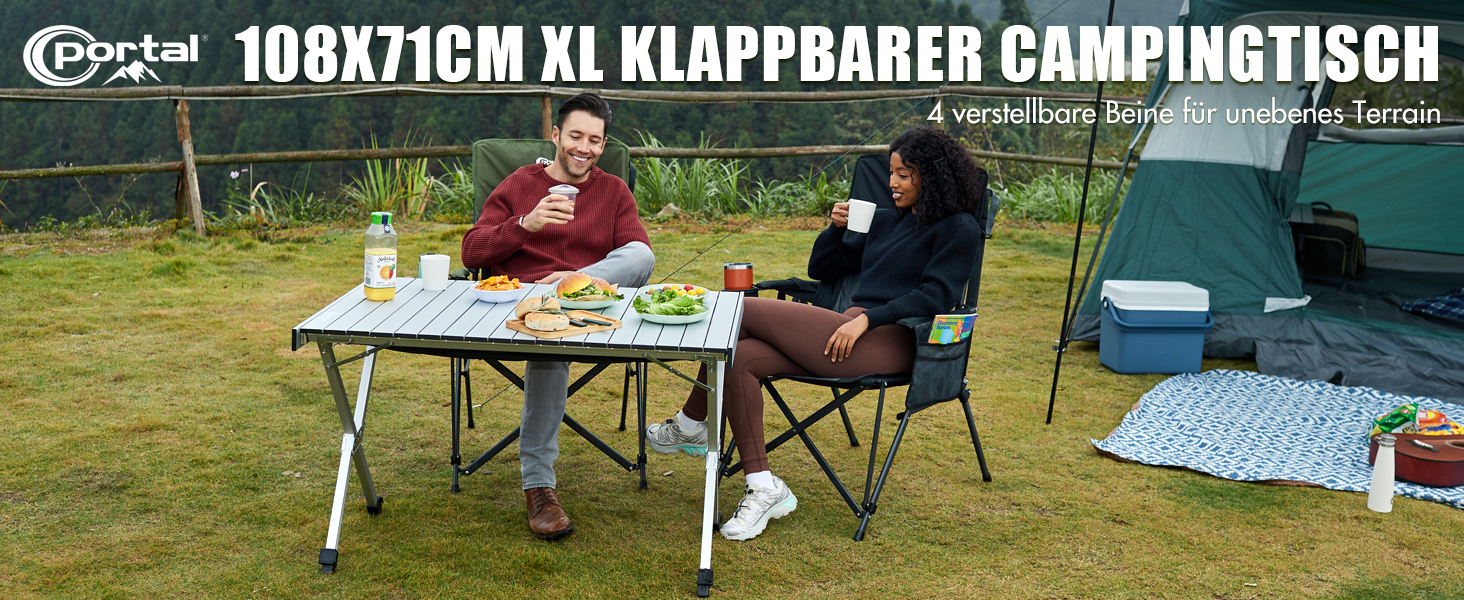 Складаний кемпінговий стіл PORTAL з регулюванням висоти, алюмінієвий, 108 x 71 см, легкий стіл для пікніка, саду та подорожей (Сріблястий)