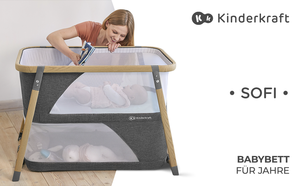 Дитяче ліжко-манеж Kinderkraft SOFI 4 в 1 - сірий, манеж для малюків, туристичне ліжко, ліжко з бічними бортиками, функція бігуна, сучасний дизайн, компактний у складеному стані
