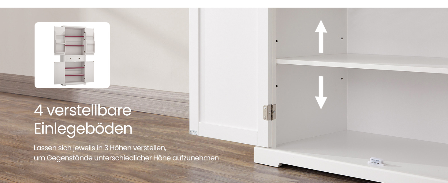 Шафа кухонна VASAGLE, висока, буфет-вітрина, з регульованими полицями, з ящиками, для кухні/вітальні, 40 x 76 x 182,1 см, білий BBC561W21