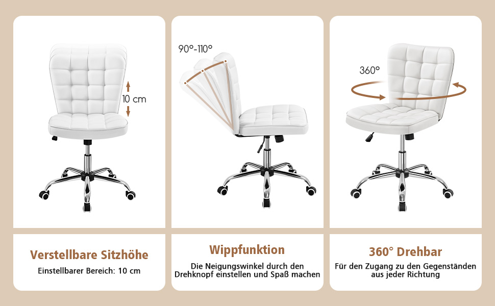 Крісло офісне Yaheetech без підлокітників, обертове, регульоване по висоті, на роликах, штучна шкіра, біле