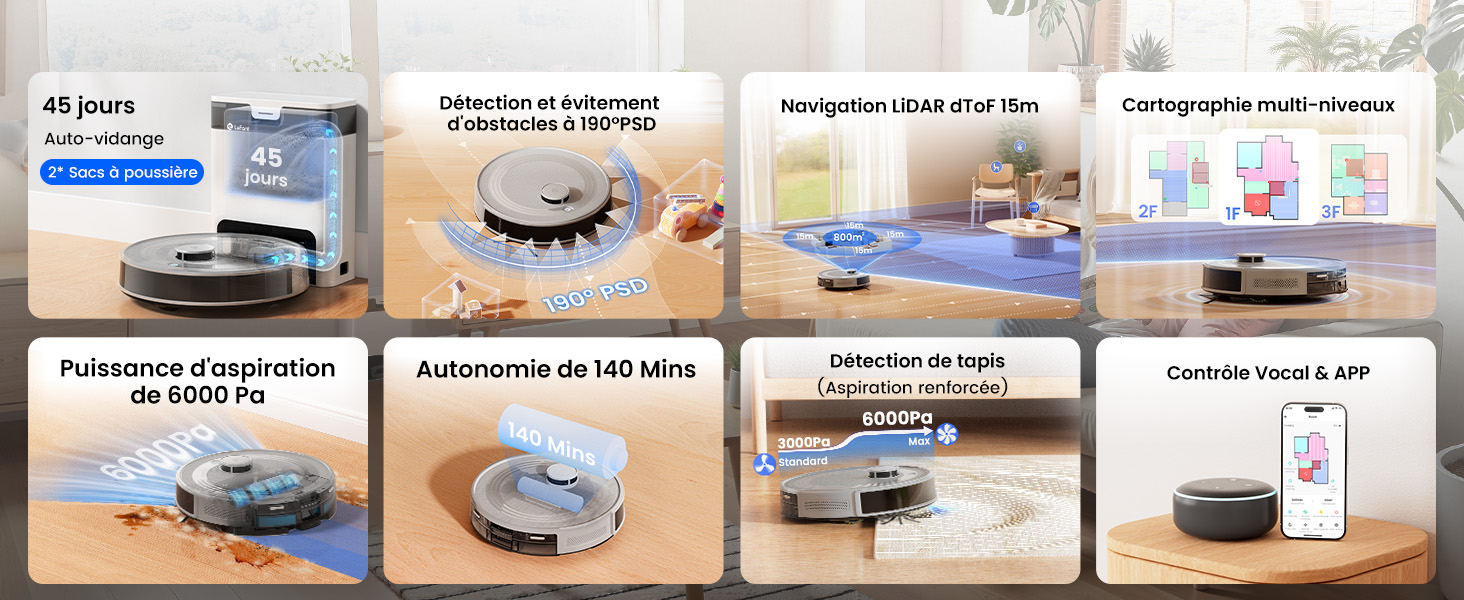 Робот-пилосос LEFANT M2 Plus з картографією, лазерною навігацією, 6000Pa, персоналізованим прибиранням, WiFi/App/Alexa, чорний (M2 Pro Grey)