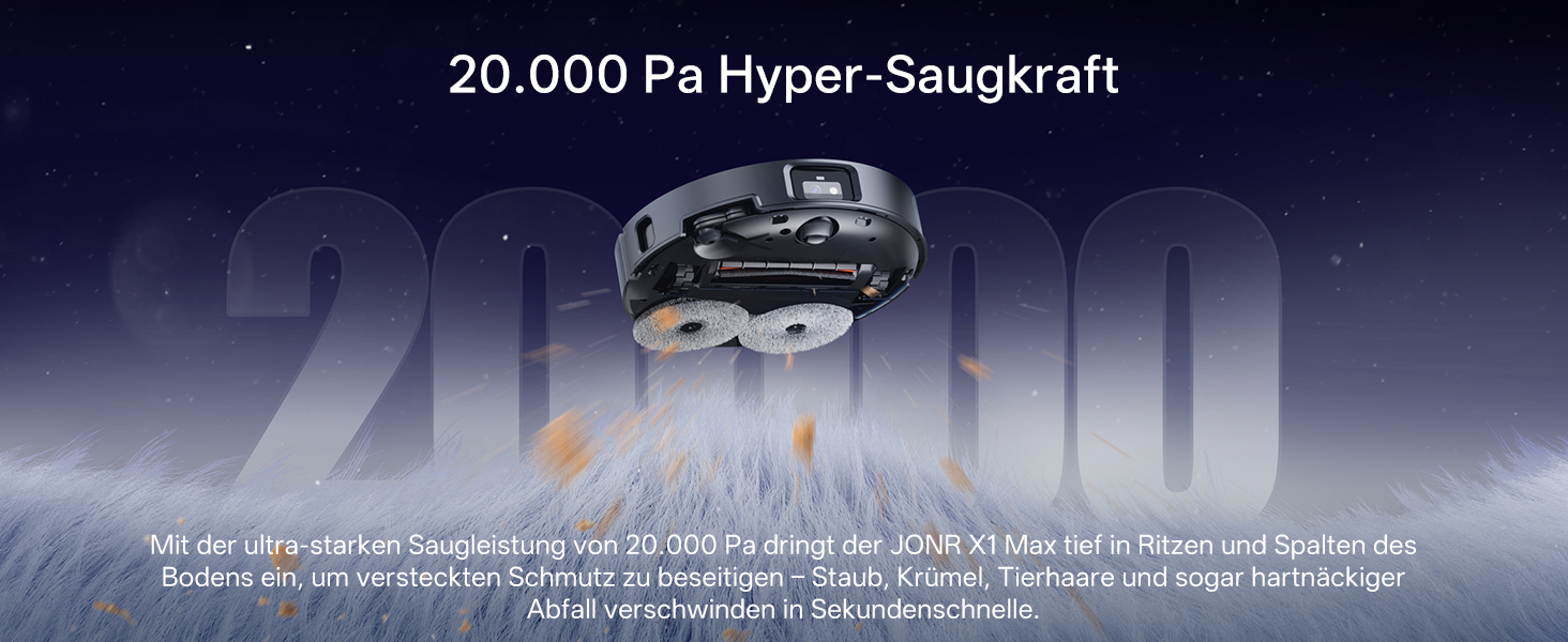 Робот-пилосос JONR X1 Max з функцією миття, 20000 Па, перешкоди 30 мм, миття гарячою водою 75°C, швидке сушіння гарячим повітрям 45°C, уникнення перешкод за допомогою ШІ та 360° навігація