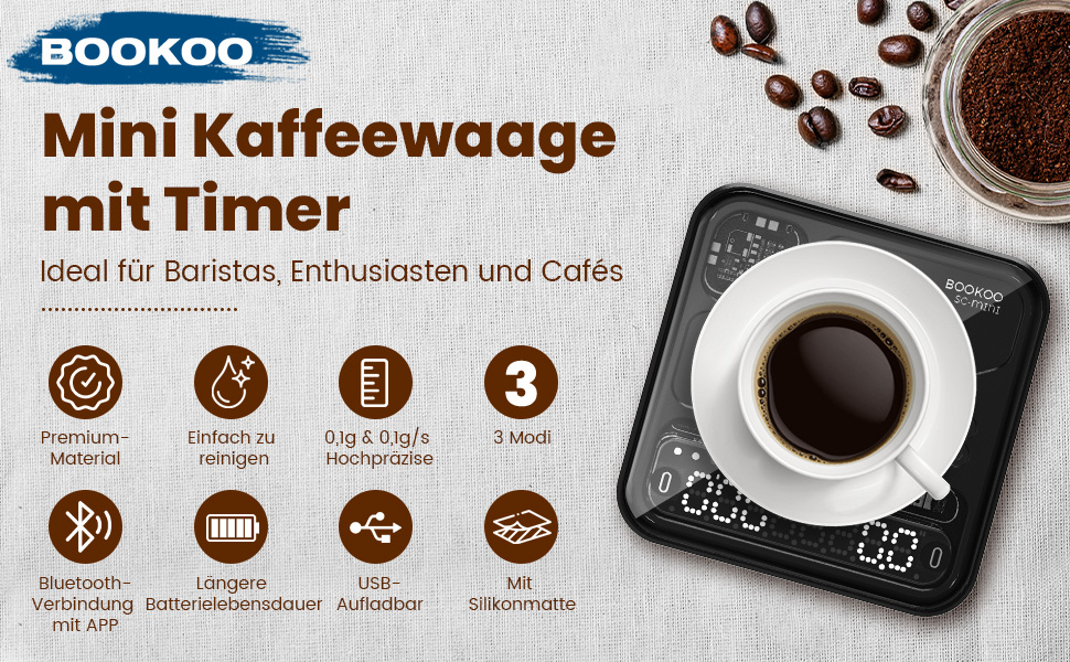 Ваги для кави BOOKOO з таймером, 0.1г, Bluetooth, USB - Еспресо та Pour-Over