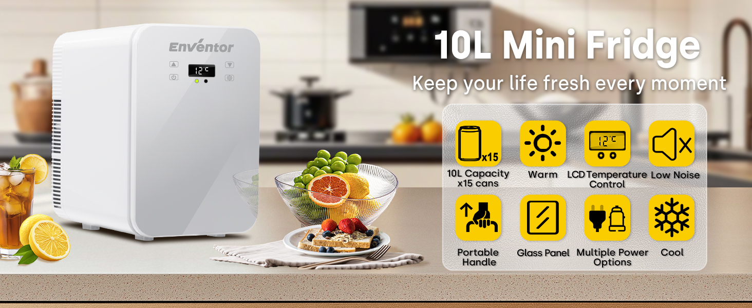Mini холодильник Enventor 10L: тихий, з подвійним охолодженням, 12V/220V, для авто, кімнати, офісу (білий)