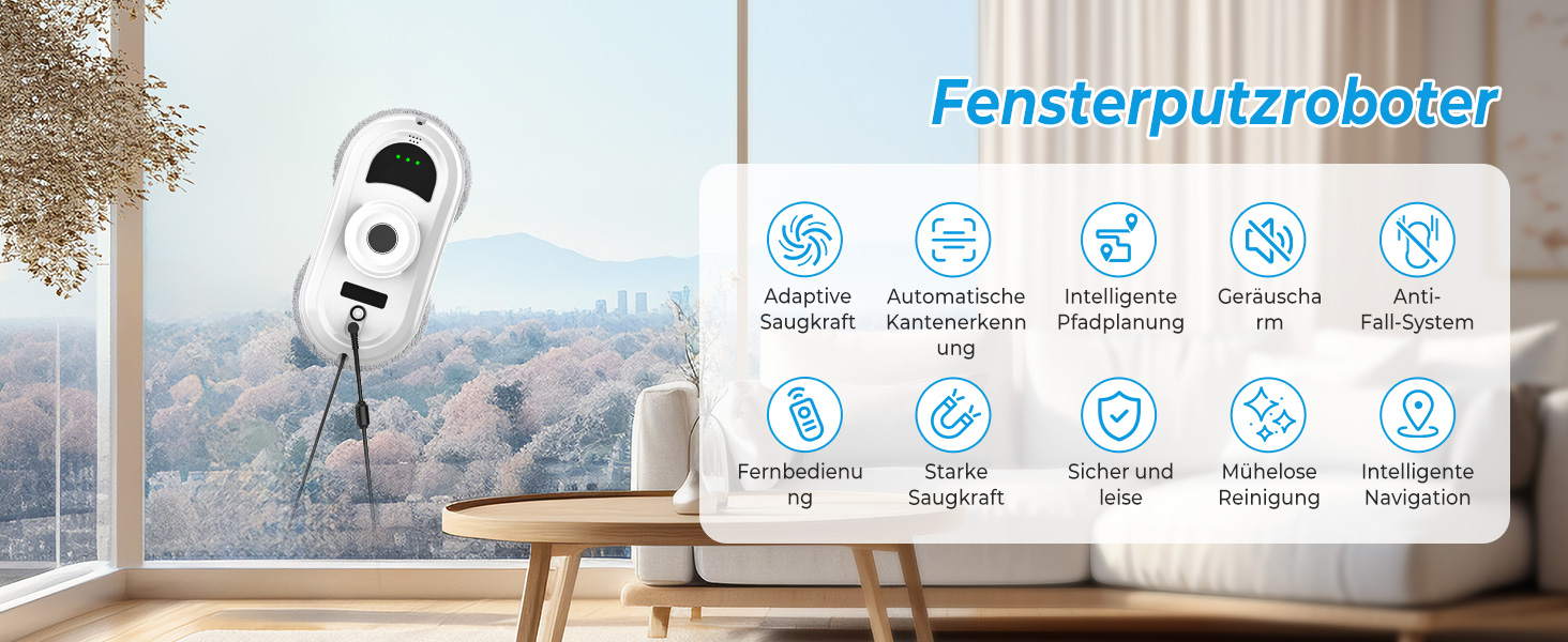 Робот для миття вікон, 5600Pa, з автоматичним розпиленням, 3 режими, інтелектуальна навігація, розпізнавання країв, пульт ДУ, система безпеки та 10 ганчірок для миття