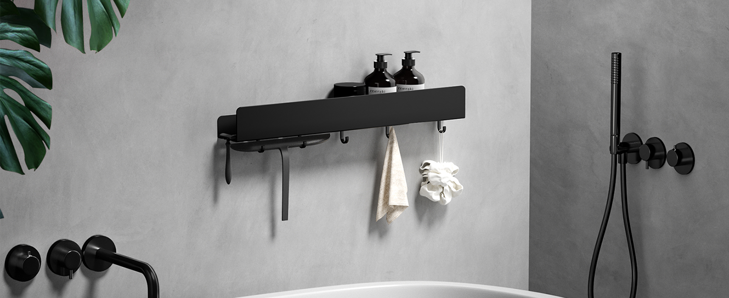 Поличка для душу Rekita без свердління, органайзер для ванної кімнати 40 см, поличка з нержавіючої сталі з 4 знімними гачками, тримач для шампуню для душу, навісна полиця, полиця для ванної кімнати (Чорний-50см)
