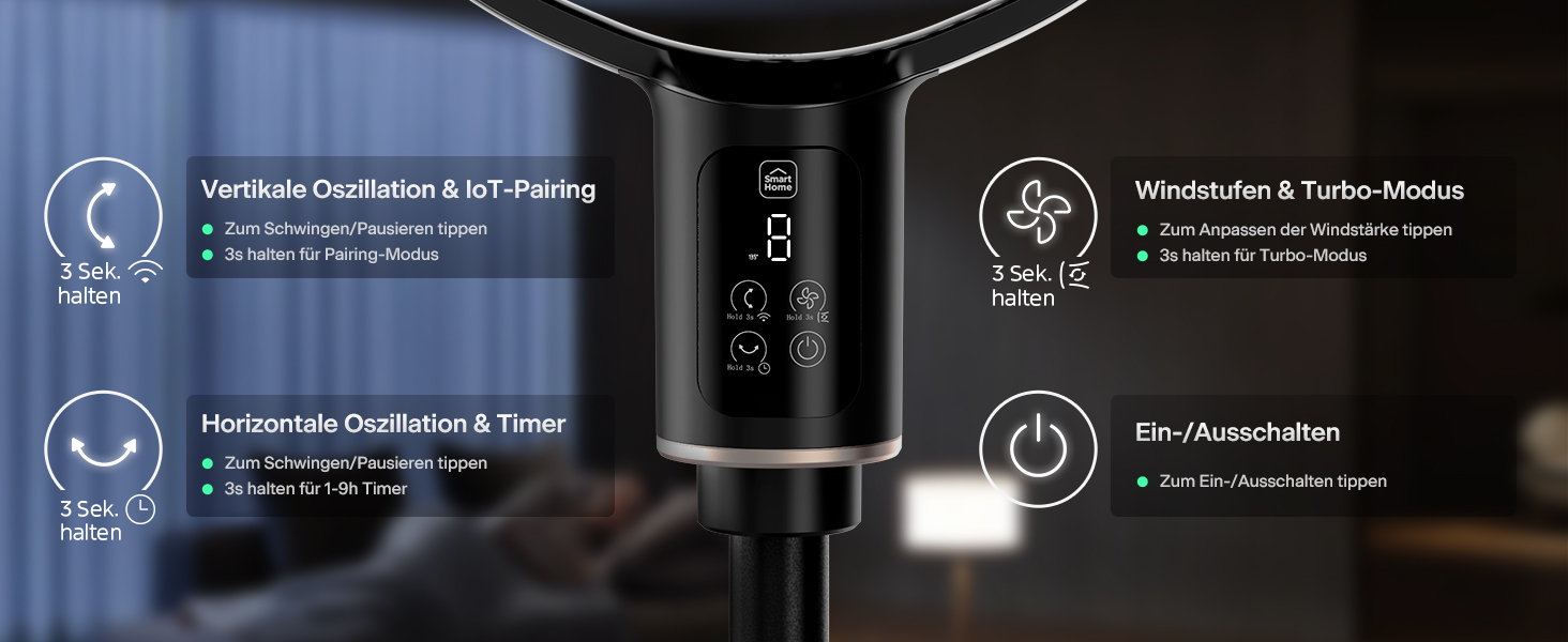 PELONIS вентилятор підлоговий Smart з осциляцією, DC мотор, 9 швидкостей, 26dB, регулювання висоти 36-110см, 9H