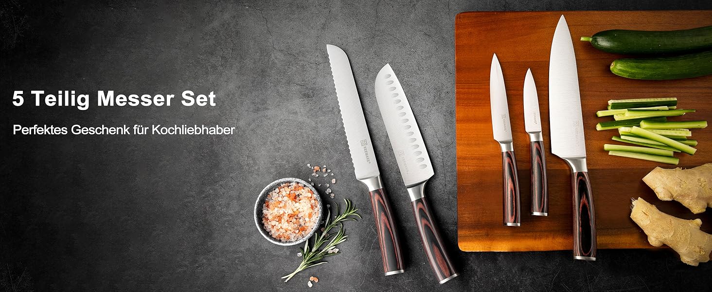 Набір кухонних ножів Keemake 7 предметів з дерев'яним блоком, професійний набір кухонних ножів з нержавіючої сталі та пластикової ручки