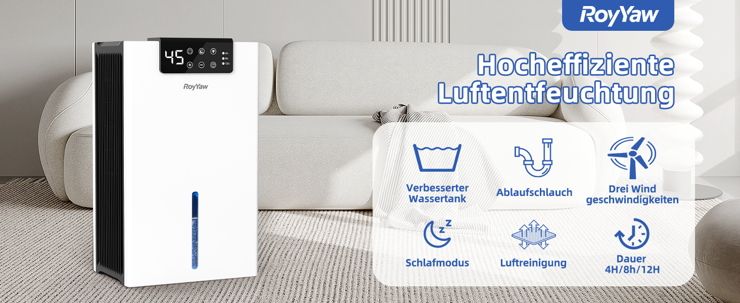 Електричний осушувач повітря 2700 мл з фільтром, тихий (28 дБ), з нічним режимом та 7 кольорами, білий