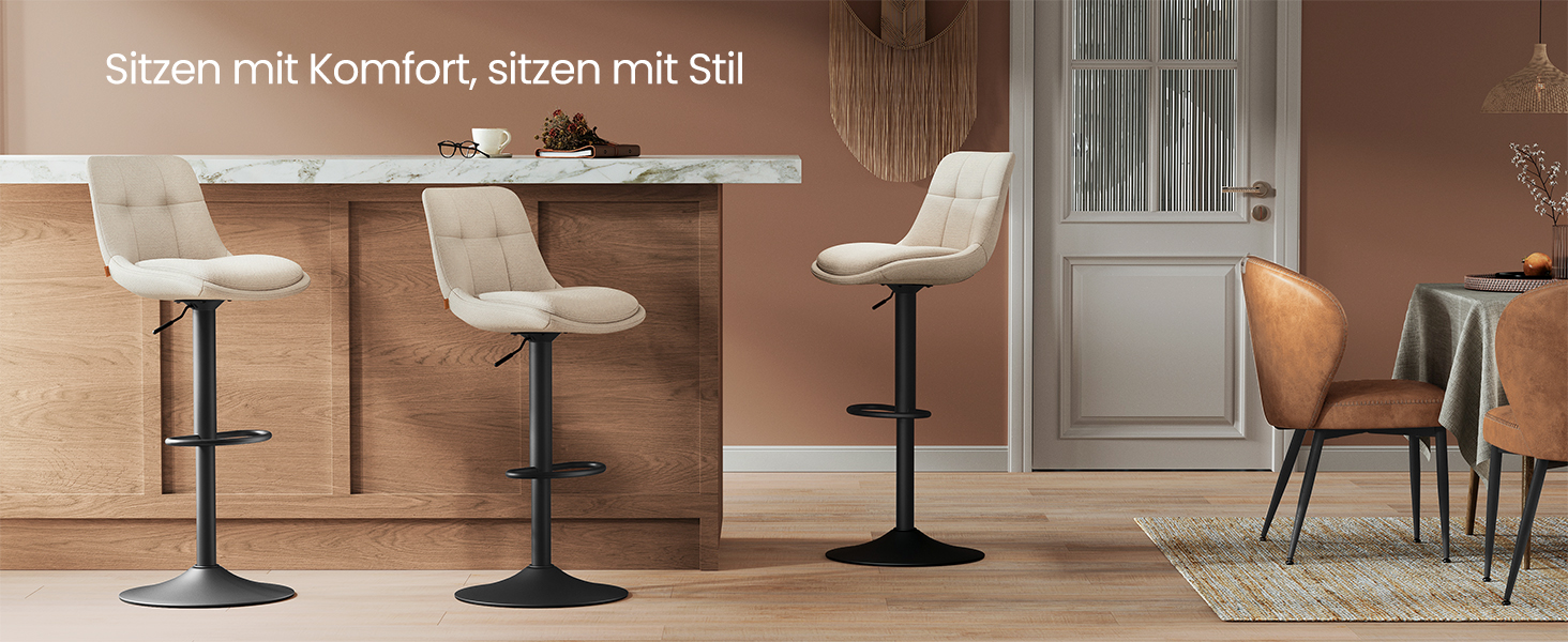 Барні стільці VASAGLE 2 шт., регульовані по висоті, обертаються, зі спинкою та підніжкою, для кухні, їдальні, бару, сталеві, LJB195G02 (кремово-білий, фланель)