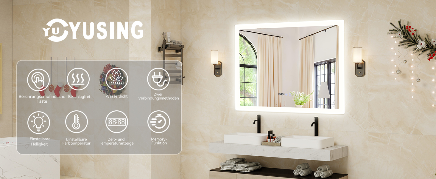 Дзеркало для ванної кімнати YU YUSING з підсвічуванням 80x60 см, LED, 3 кольори світла, регулювання яскравості, антизапар, сенсорне управління, таймер, скло, IP44