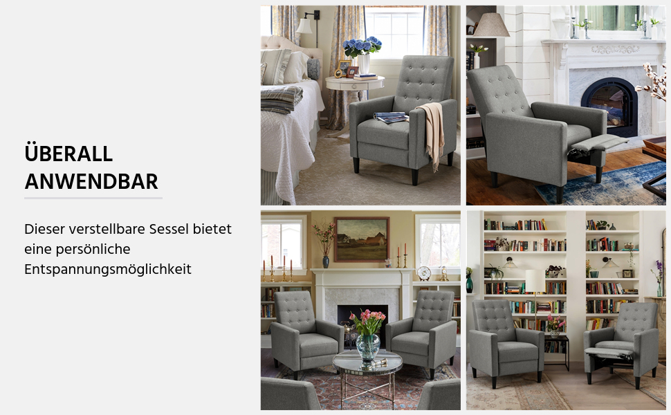 Крісло-релакс Yaheetech для телевізора, регульоване, сіре, з тканини льон