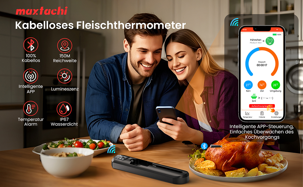 Бездротовий термометр для м'яса Maxtachі з Bluetooth, IP67, 150м, для гриля, BBQ, духовки, коптильні, ротисерії, чорний