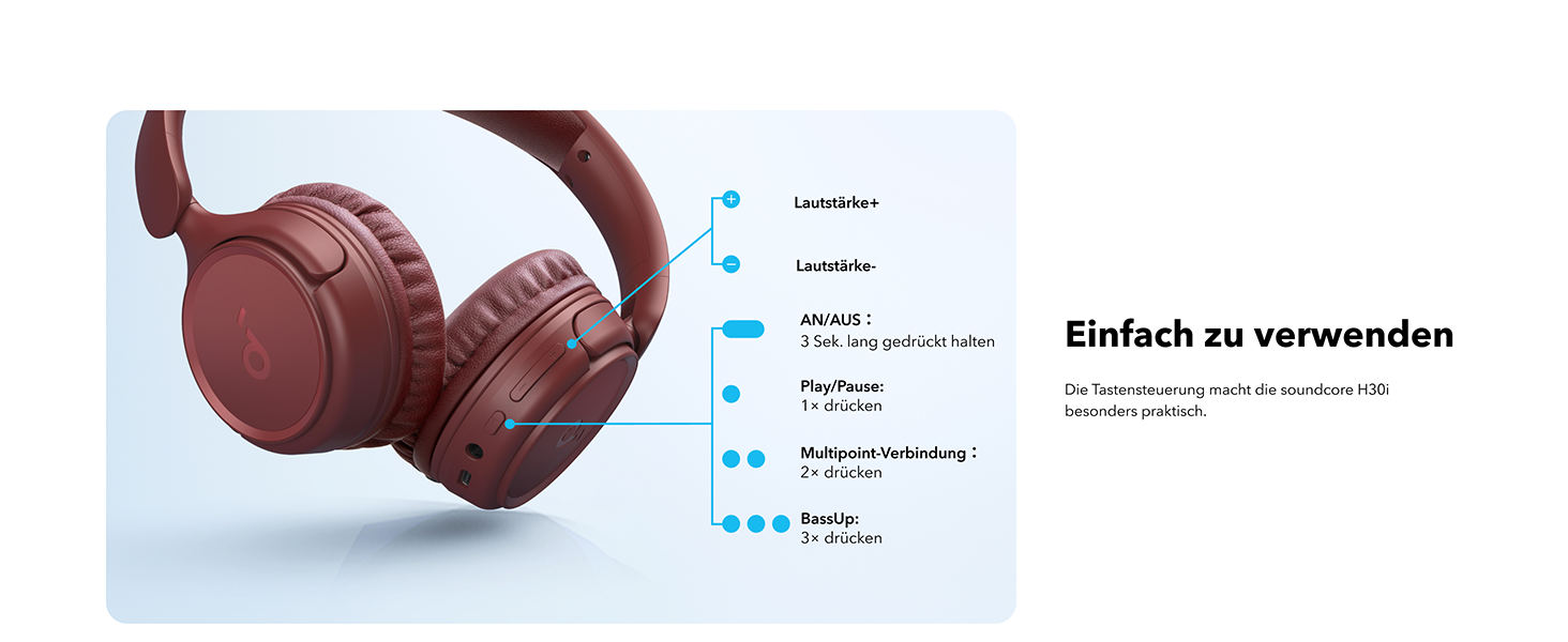 Бездротові накладні навушники Soundcore H30i, складні, 70 год, Bluetooth 5.3, керування програмами, багатоточкові, червоний