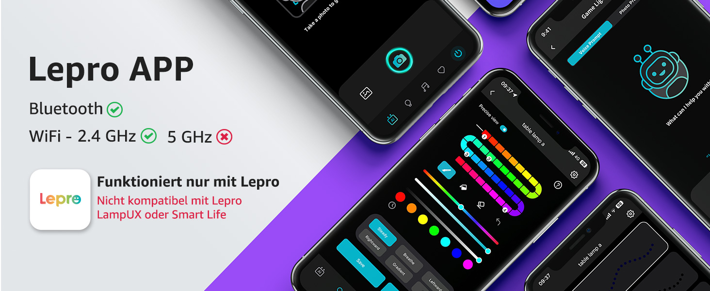 Lepro AI розумна настільна лампа TB2 з персоналізованим AI-дизайном освітлення, синхронізація з музикою/керування через додаток, регулювання яскравості, RGB+IC технологія, сумісна з Alexa/Google, без пульта керування, дизайн 'Скрябін'