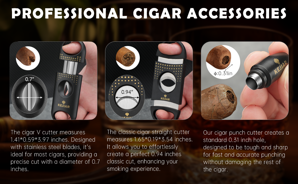 KEJIAR: Набір для зберігання сигар - Humidor з різаком, пуншем та зволожувачами, коричневий