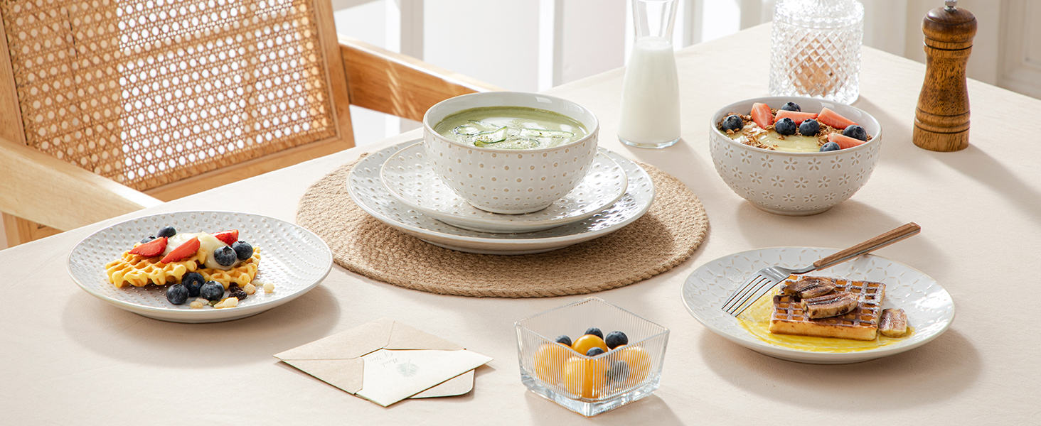 Набір посуду Malacasa LYDIA (24 шт.) для 4 осіб, бежевий: 16-ти частинний сервіз зі столових тарілок та чашок з рельєфом, з каменю