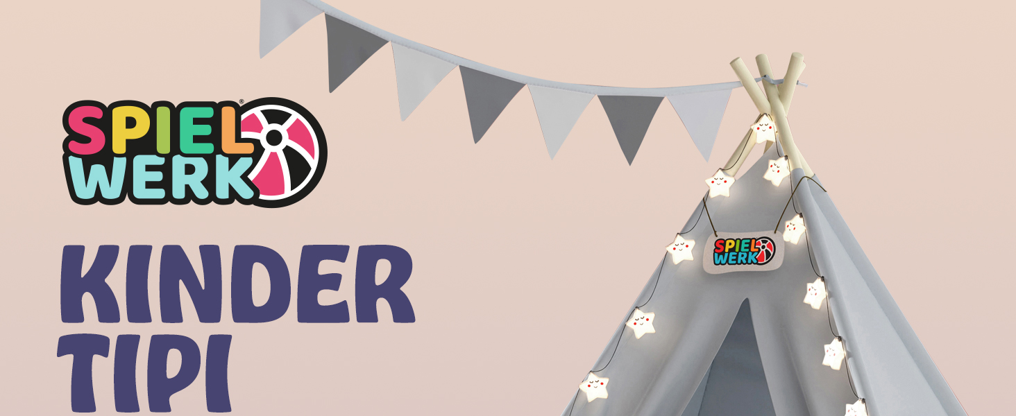 Дитяче намет-типі Spielwerk® з килимком, гірляндою та подушками (130x130 см), бавовна, дерево, сірий, блакитний