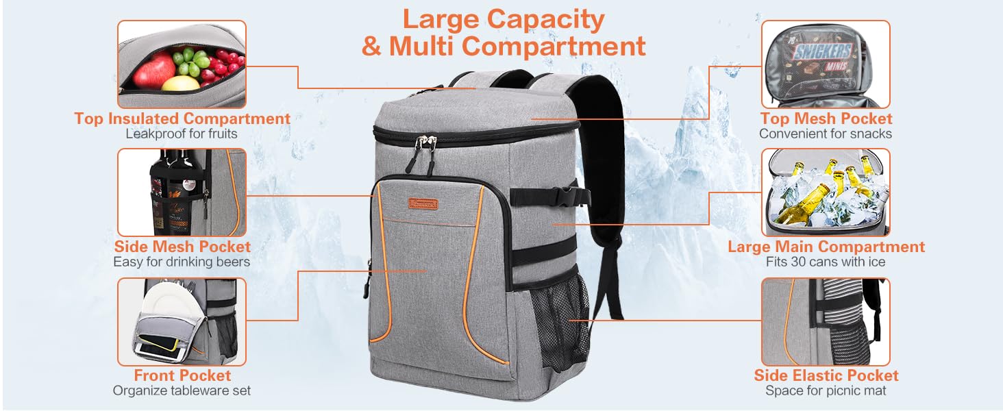 Рюкзак-холодильник Estarer 35L сірого кольору: для пікніків, кемпінгу та пляжу. З відкривачем для пляшок, водонепроникний.