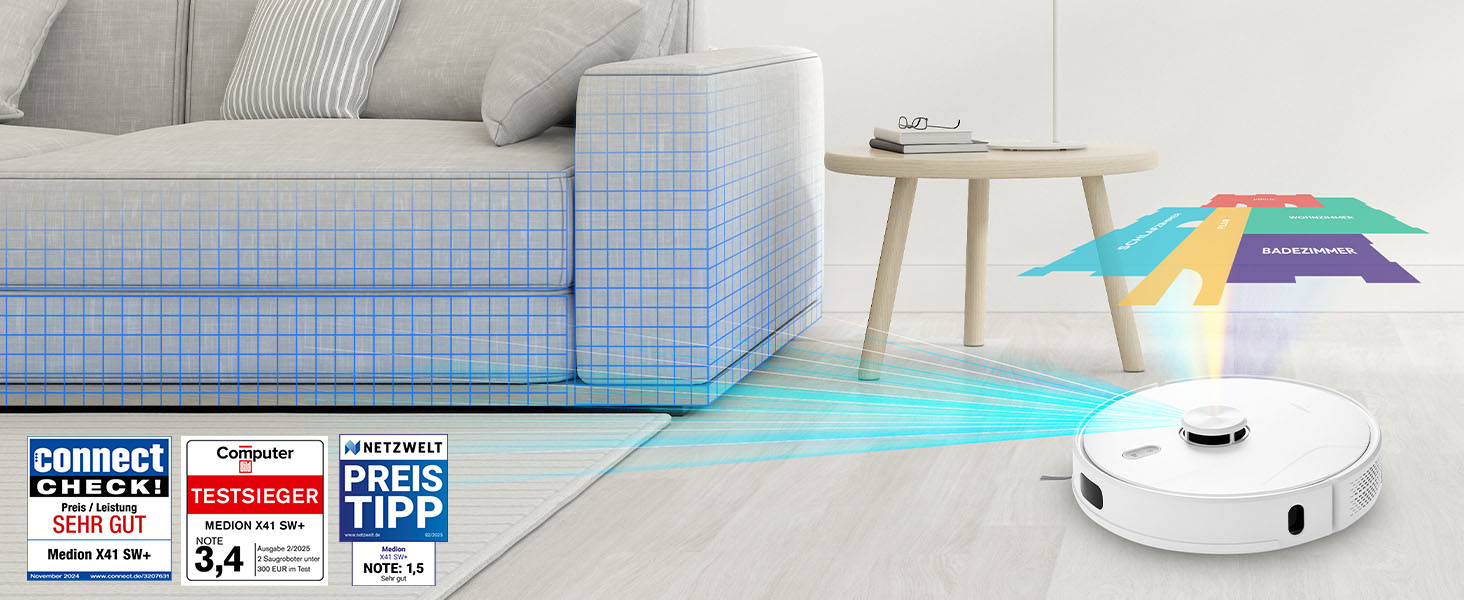 Робот-пилосос MEDION X41SW+ з док-станцією, лазерною навігацією та функцією миття підлоги. Потужність всмоктування 8000Pa, 2-в-1, створення точних карт, зони заборони, підтримка декількох поверхів